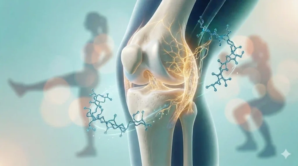 Medische visualisatie van een natuurlijk kniegewricht met moleculaire structuren voor regeneratieve artrosebehandeling en silhouetten van oefentherapie op de achtergrond.